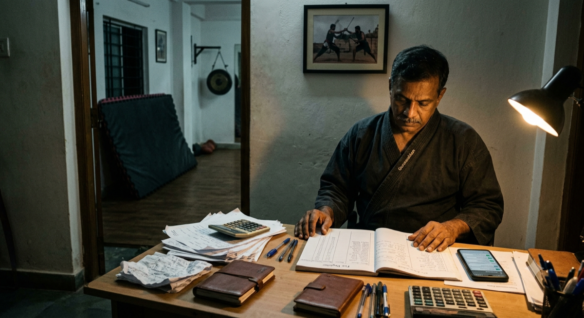 A master working through the academy's paperwork after class